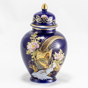 Ardco Vintage Japanese Porcelain Urn – Cobalt Blue & Gold Peacock Ginger Jar